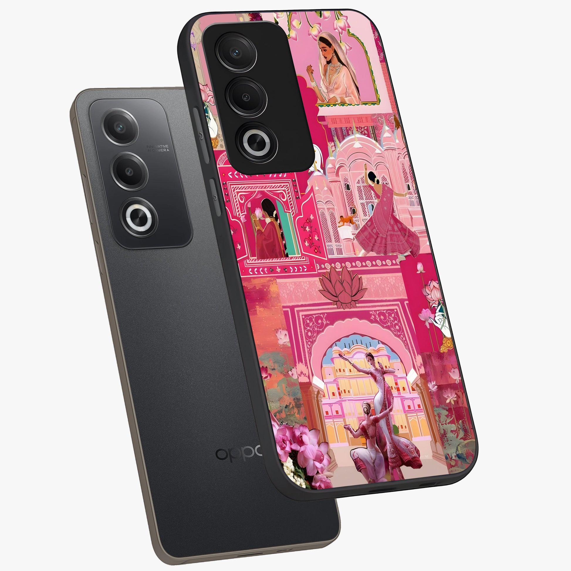 Pink Palace Muse Glass Case displayed in angled mockup highlighting dreamy palace illustration with soft pink aesthetic.