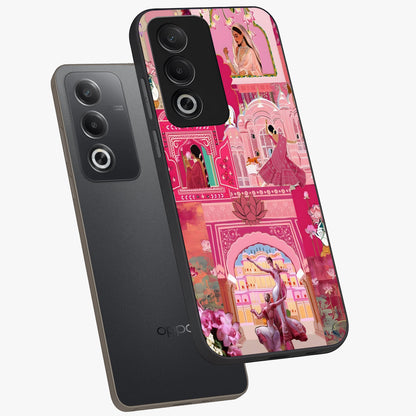 Pink Palace Muse Glass Case displayed in angled mockup highlighting dreamy palace illustration with soft pink aesthetic.