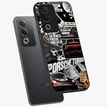 Porsche Racing Collage Glass Case displayed in angled mockup highlighting dynamic automotive design with bold racing aesthetic.