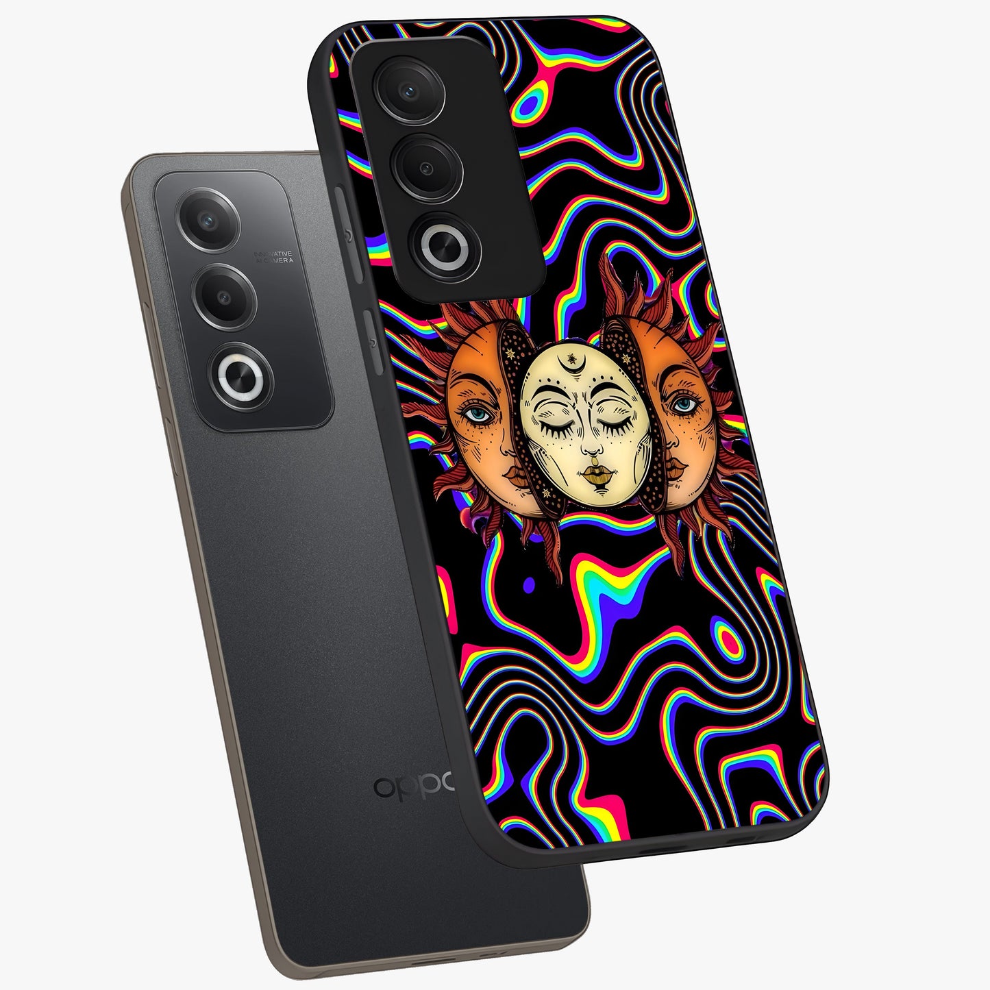 Psychedelic Sun Glass Case displayed in angled mockup highlighting vibrant abstract sun design with artistic aesthetic style.
