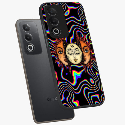 Psychedelic Sun Glass Case displayed in angled mockup highlighting vibrant abstract sun design with artistic aesthetic style.