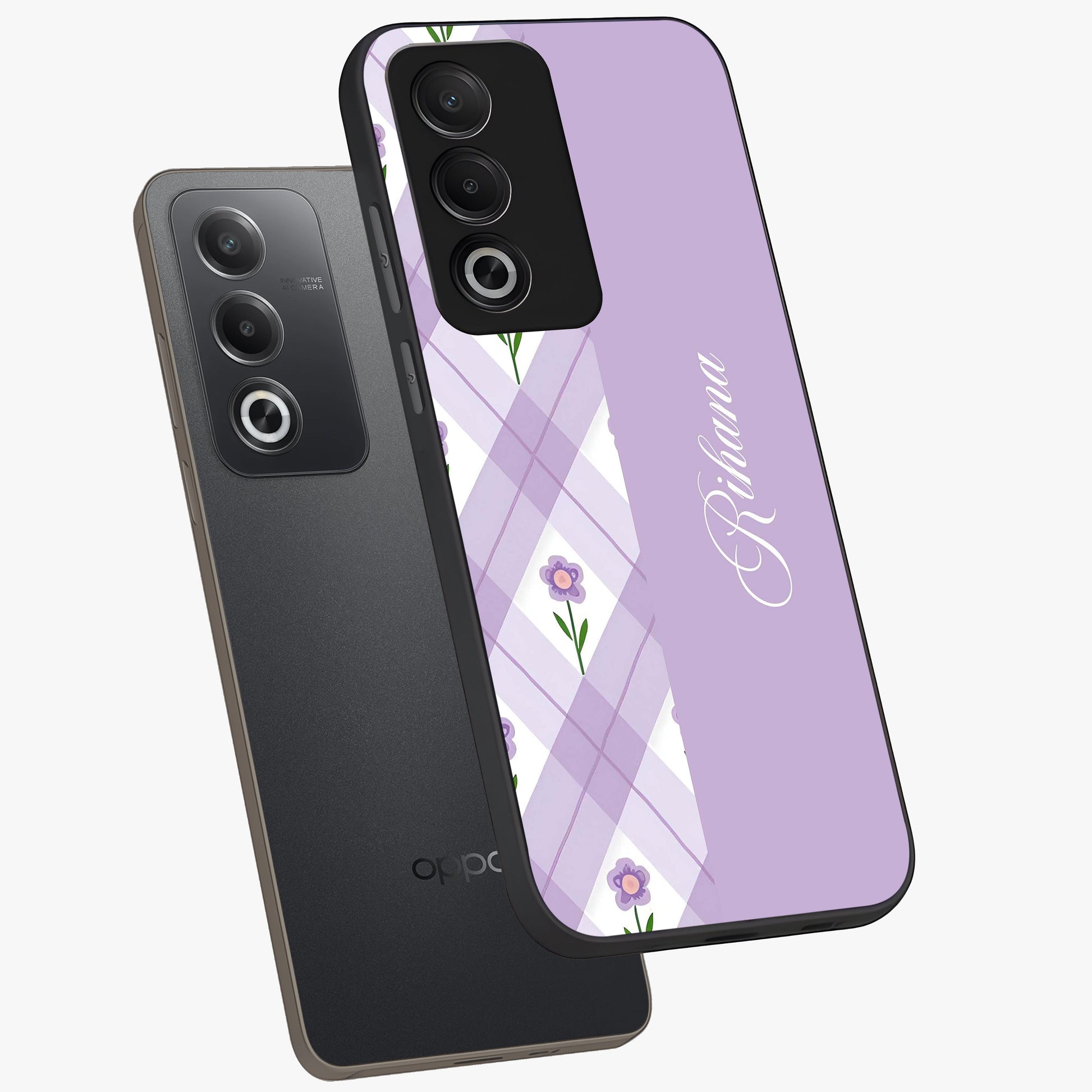 Purple Diamond Floral Glass Case displayed in angled mockup highlighting elegant purple flower design with decorative pattern.