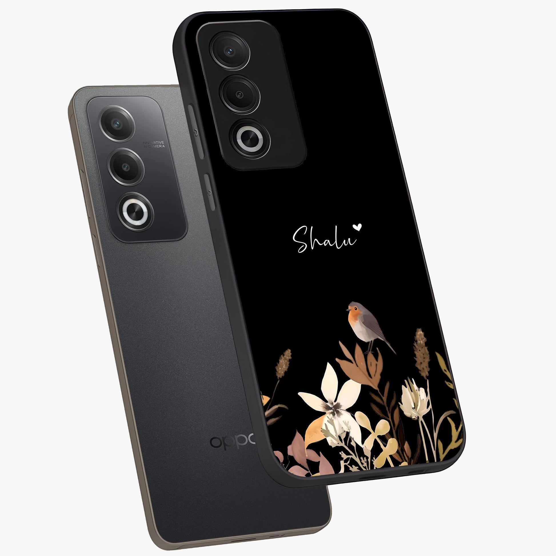 Quiet Garden Tune Custom Name Glass Case displayed in angled mockup highlighting delicate floral garden design with custom name feature.