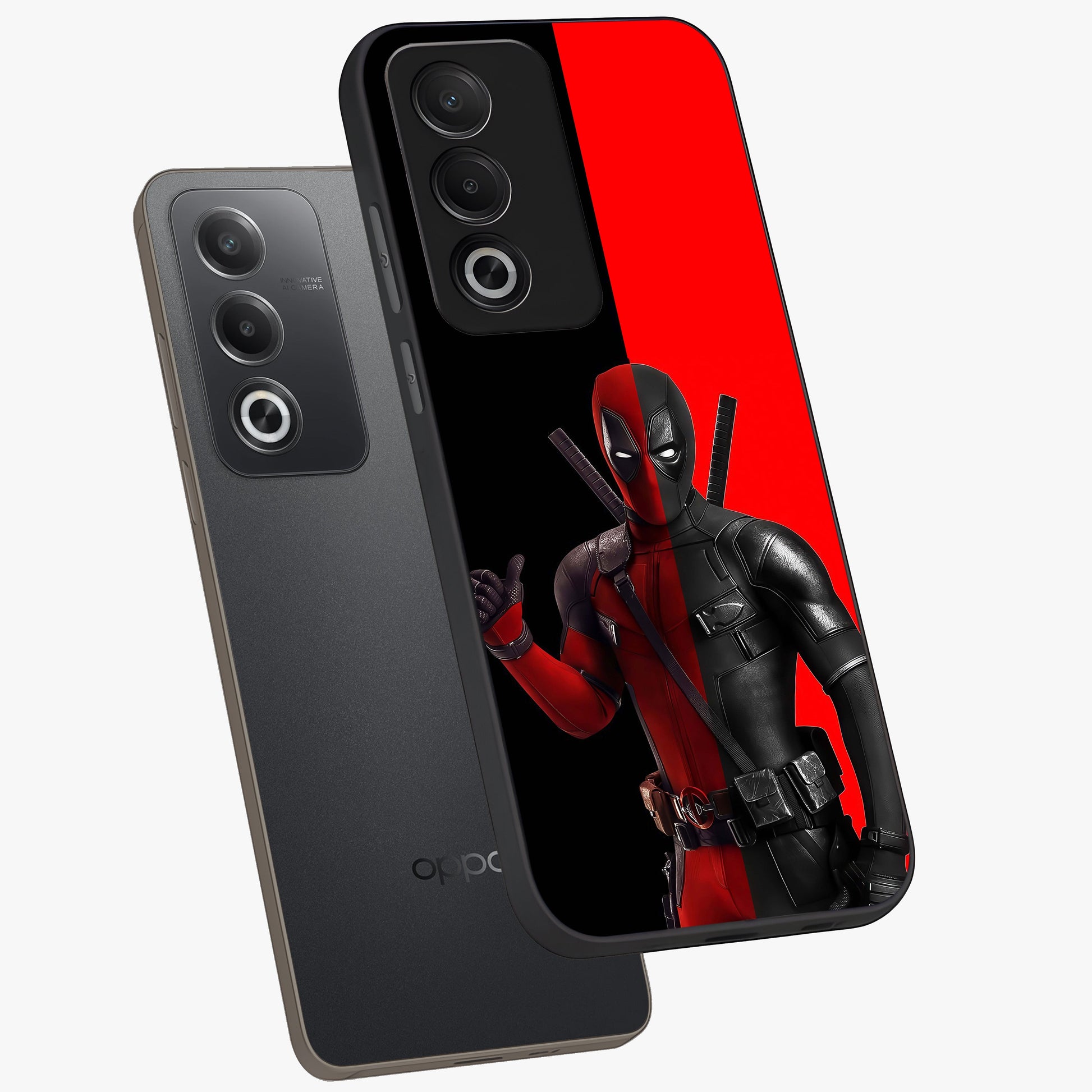 Red & Black Deadpool Theme Glass Case displayed in angled mockup highlighting vibrant superhero style illustration with action aesthetic.
