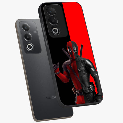 Red & Black Deadpool Theme Glass Case displayed in angled mockup highlighting vibrant superhero style illustration with action aesthetic.