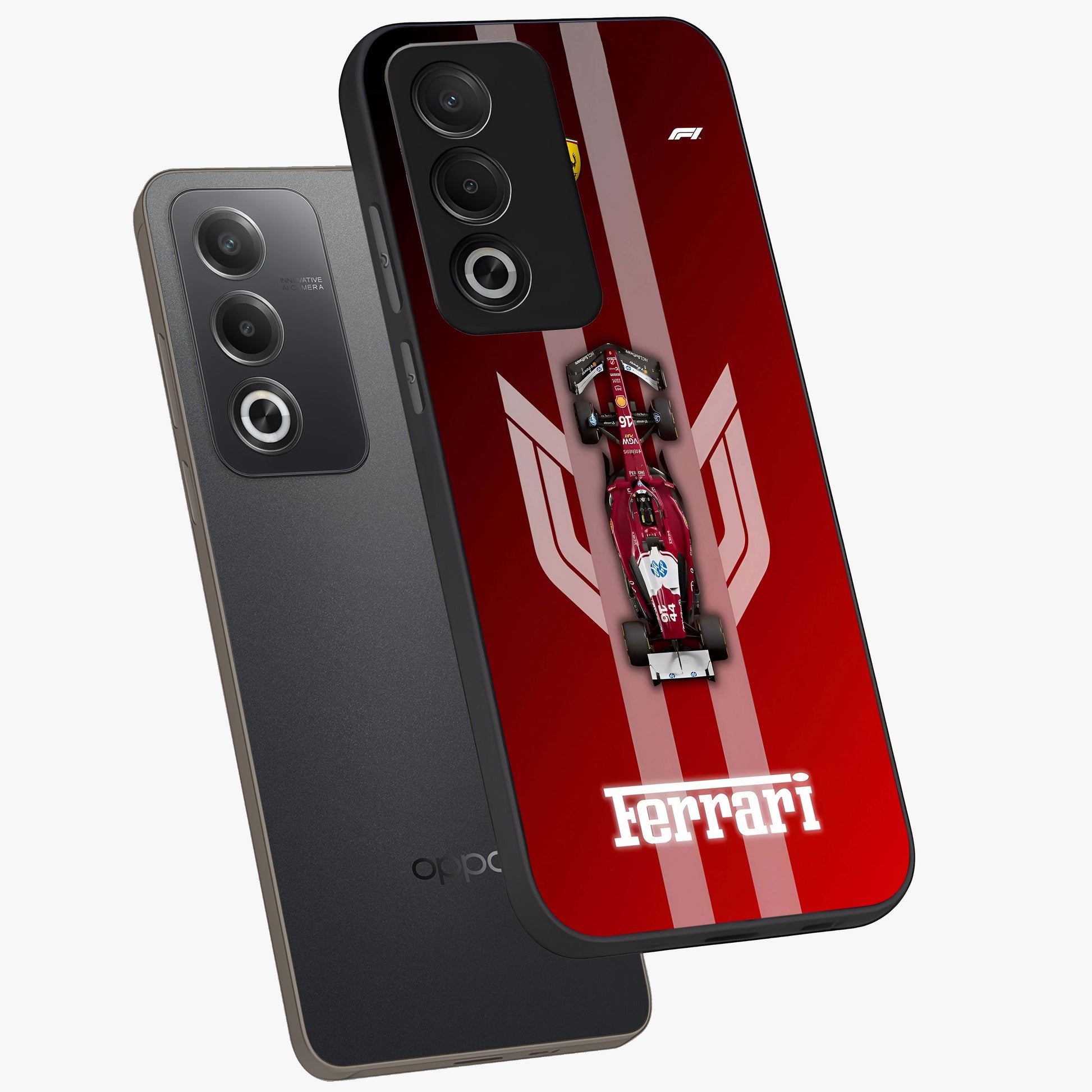 Red Ferrari F1 Vertical Glass Case displayed in angled mockup highlighting high speed racing design with bold automotive aesthetic.