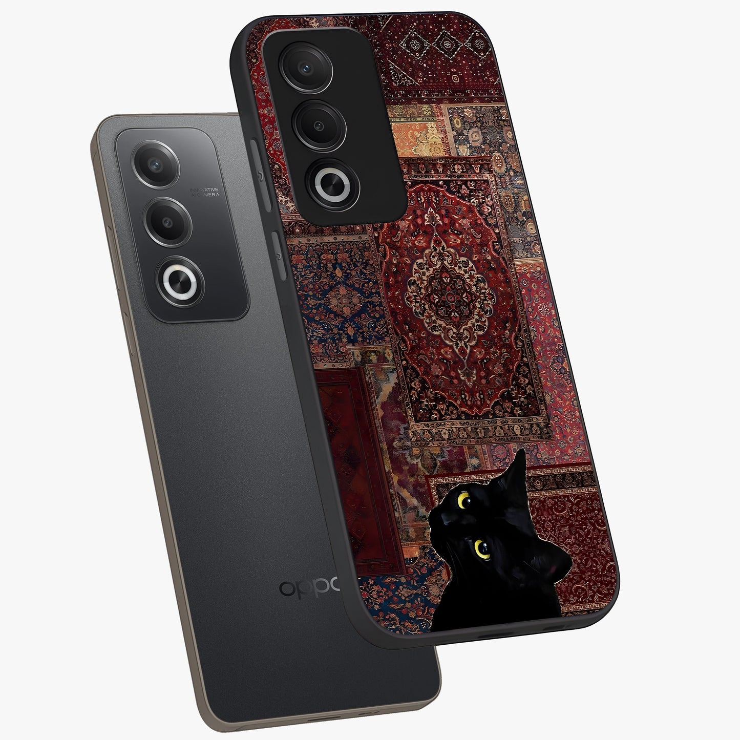 Regal Magic Cat Apple Glass Case displayed in angled mockup highlighting whimsical feline design with fantasy aesthetic.