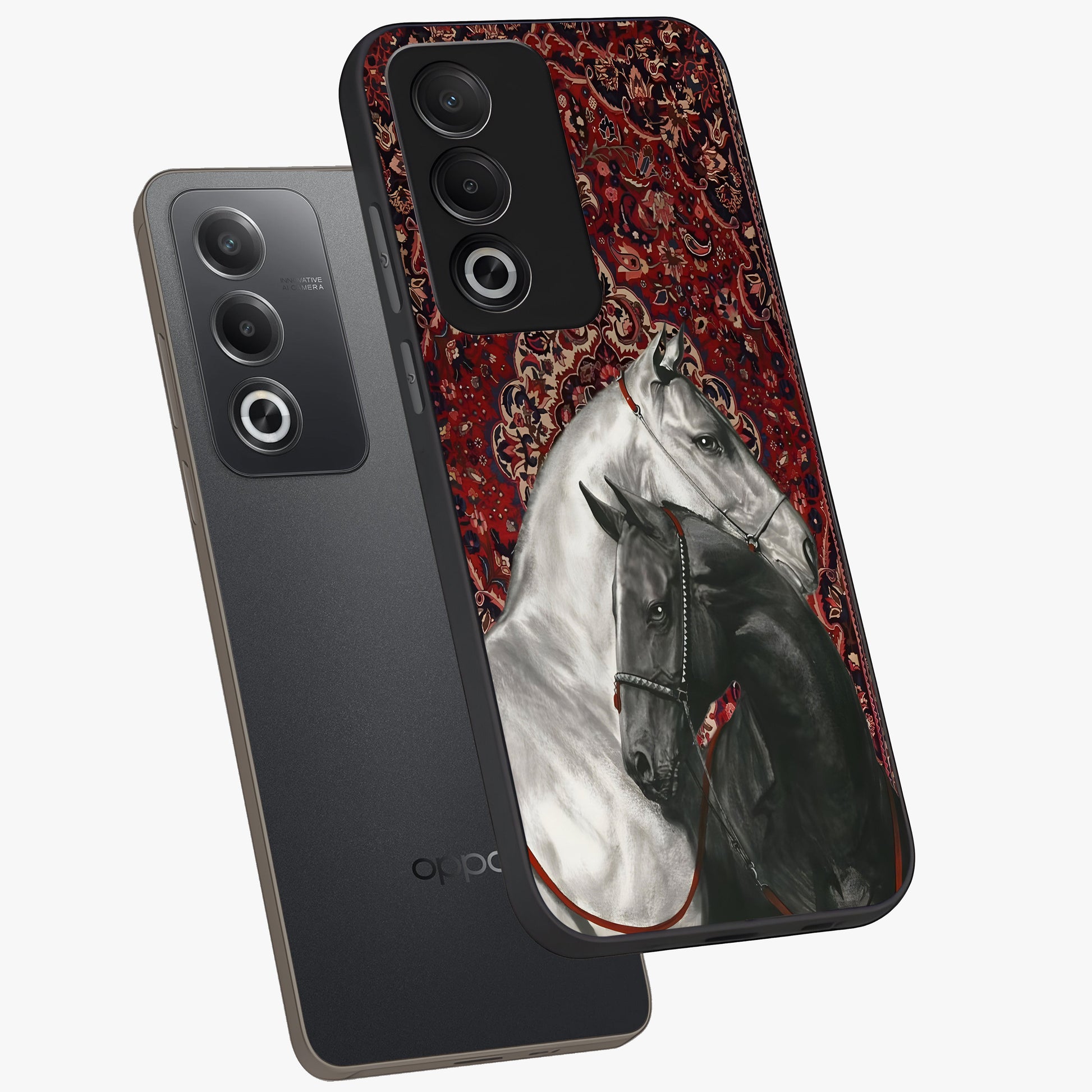 Regal Stallion Tapestry Glass Case displayed in angled mockup highlighting royal stallion design with decorative heritage aesthetic.