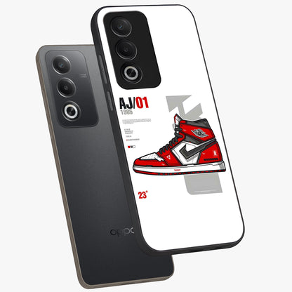 Retro Sneaker Blueprint Glass Case displayed in angled mockup highlighting detailed shoe design with sporty retro aesthetic.