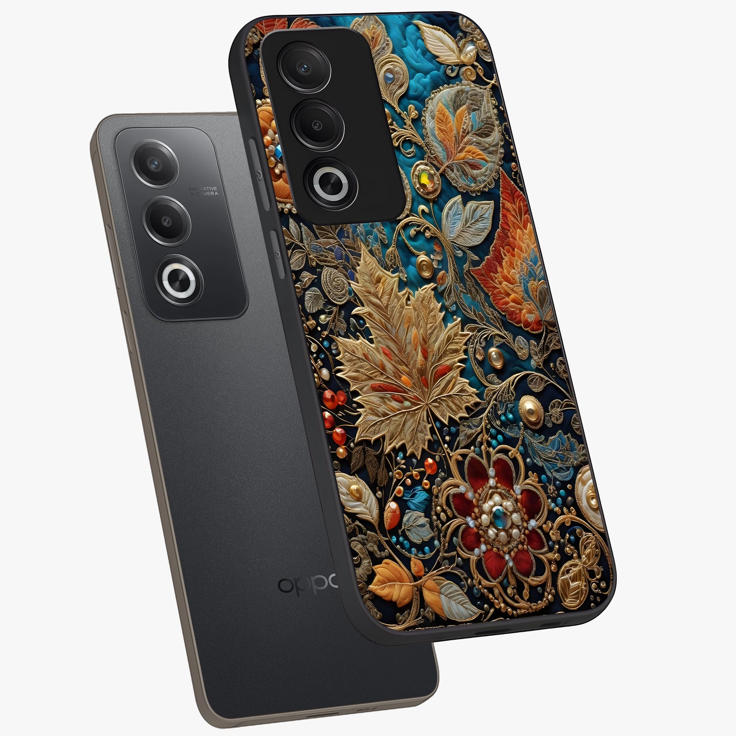 Royal Jewel Garden Glass Case displayed in angled mockup highlighting vibrant jewel inspired floral design with elegant aesthetic.