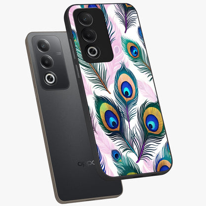 Royal Peacock Feathers Glass Case displayed in angled mockup highlighting vibrant feather pattern with regal aesthetic style.