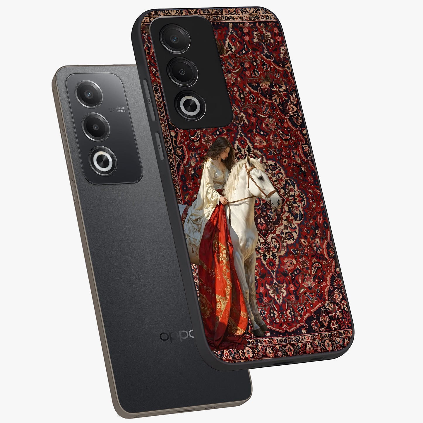 Royal Rider Tapestry Glass Case displayed in angled mockup highlighting traditional tapestry design with royal heritage aesthetic.