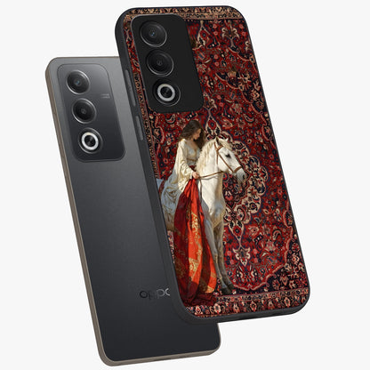 Royal Rider Tapestry Glass Case displayed in angled mockup highlighting traditional tapestry design with royal heritage aesthetic.