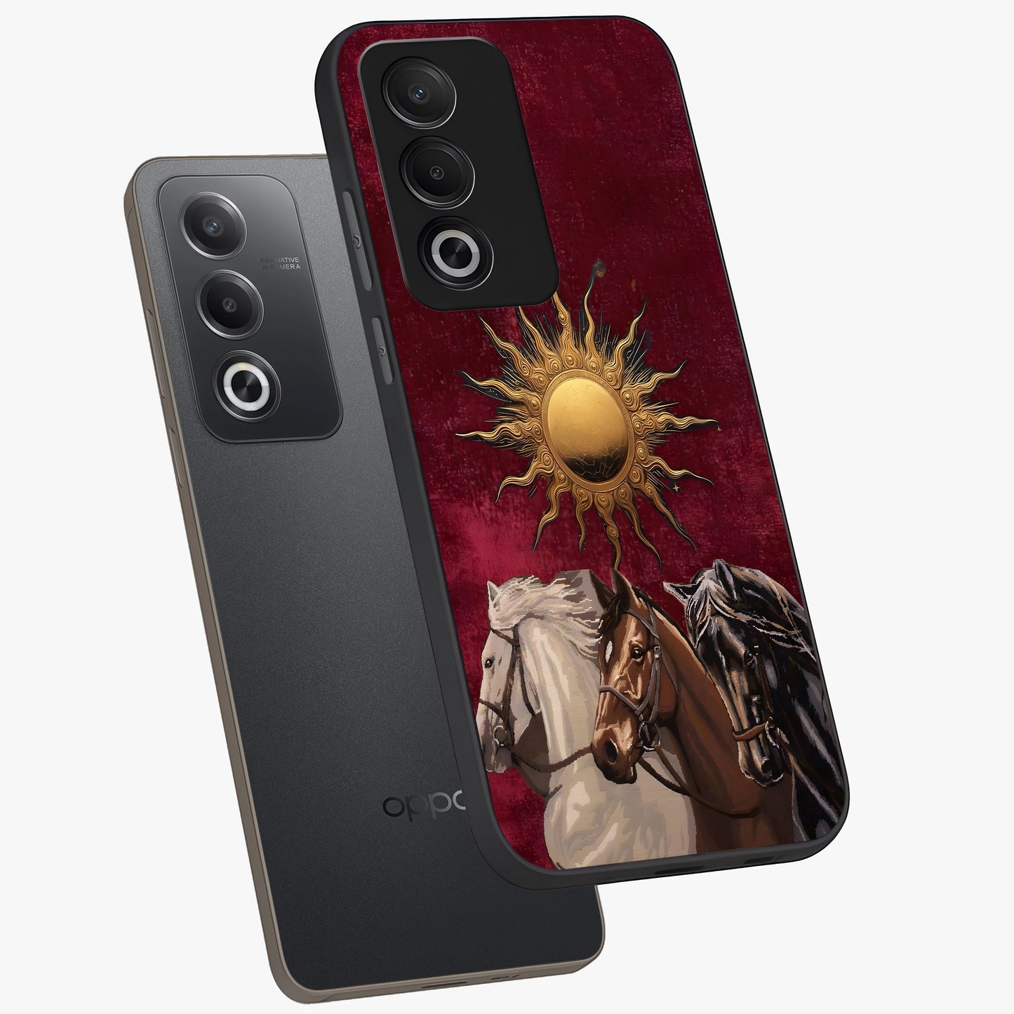 Solar Riders Glass Case displayed in angled mockup highlighting powerful rider illustration with radiant solar aesthetic.