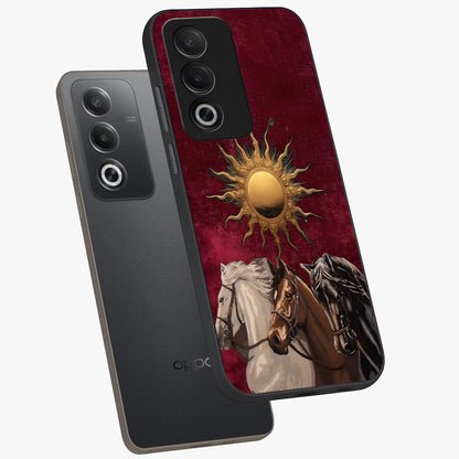 Solar Riders Glass Case displayed in angled mockup highlighting powerful rider illustration with radiant solar aesthetic.