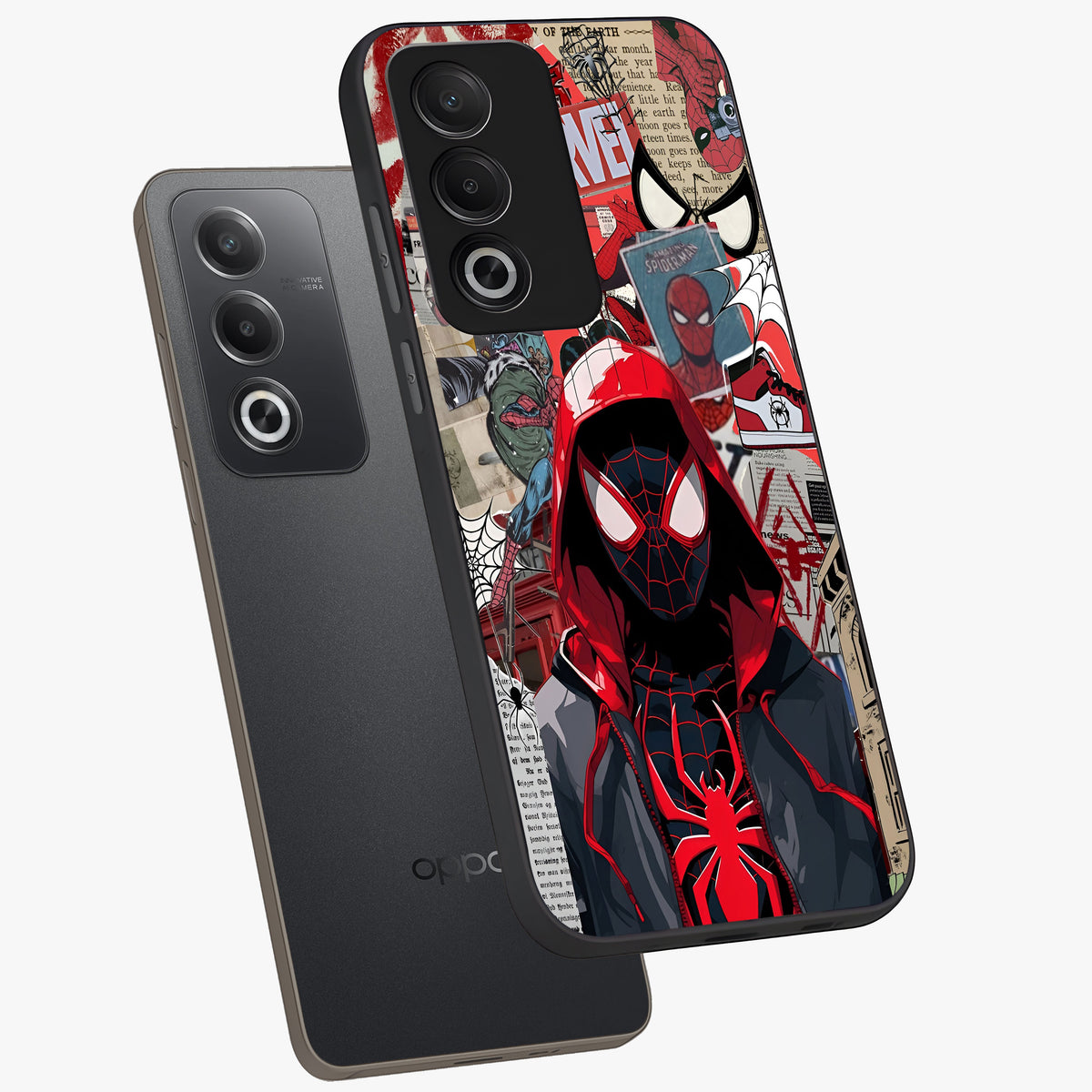 Spider Collage Street Glass Case displayed in angled mockup highlighting dynamic street style collage design with comic aesthetic.