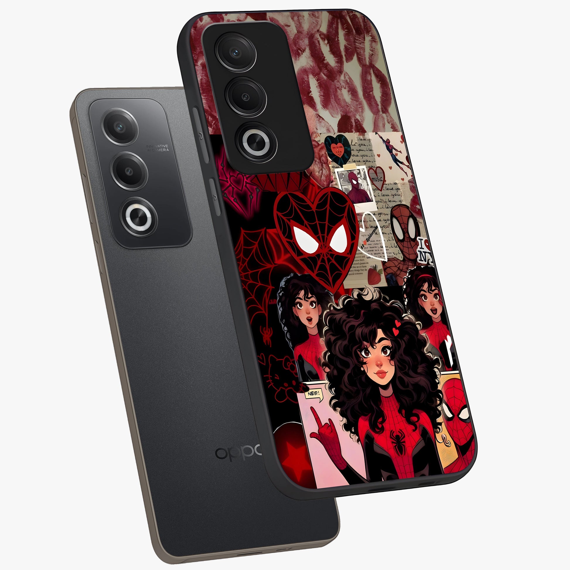 Spider Love Story Glass Case displayed in angled mockup highlighting expressive comic inspired design with playful aesthetic.