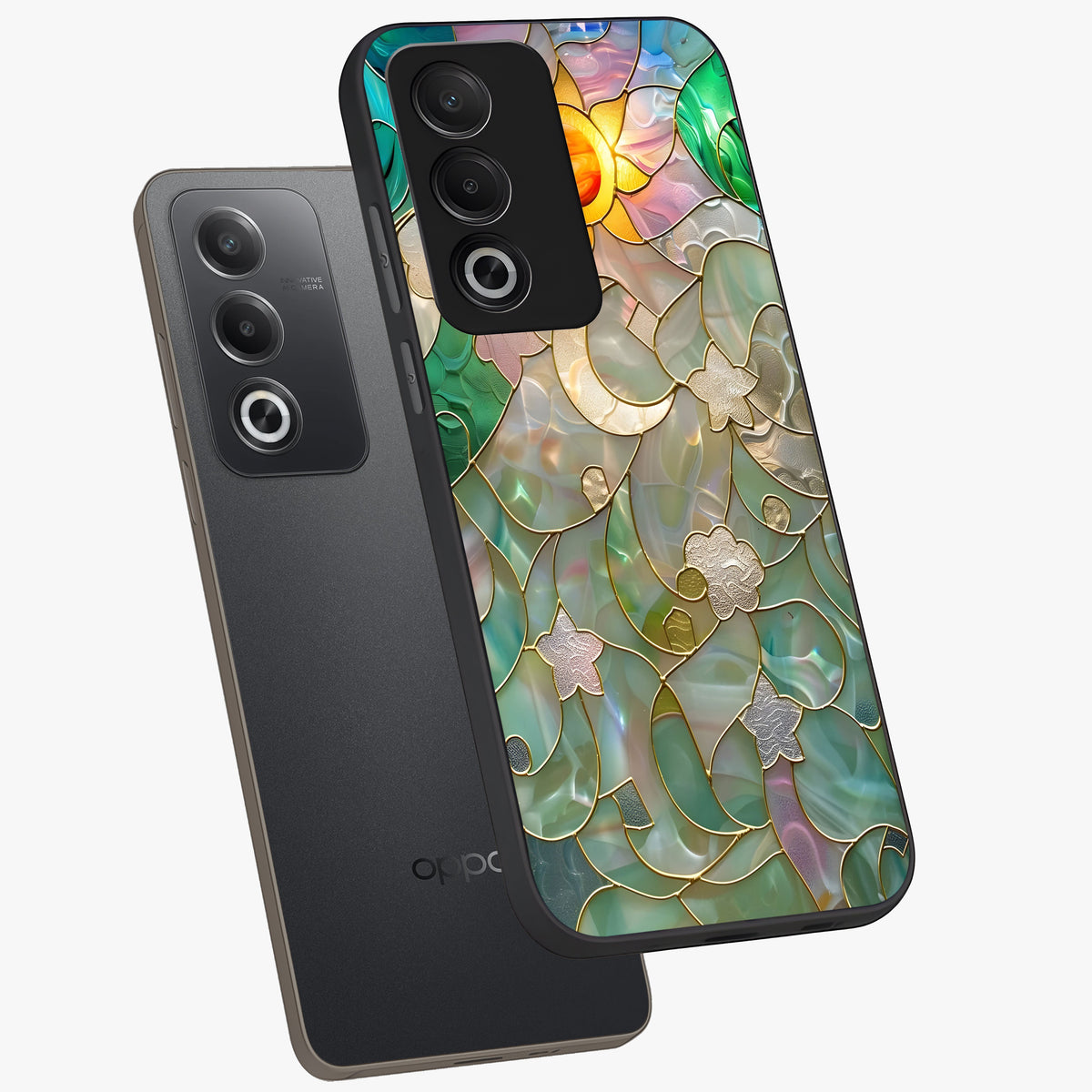 Stained Sunrise Glow Glass Case displayed in angled mockup highlighting radiant sunrise design with artistic aesthetic style.
