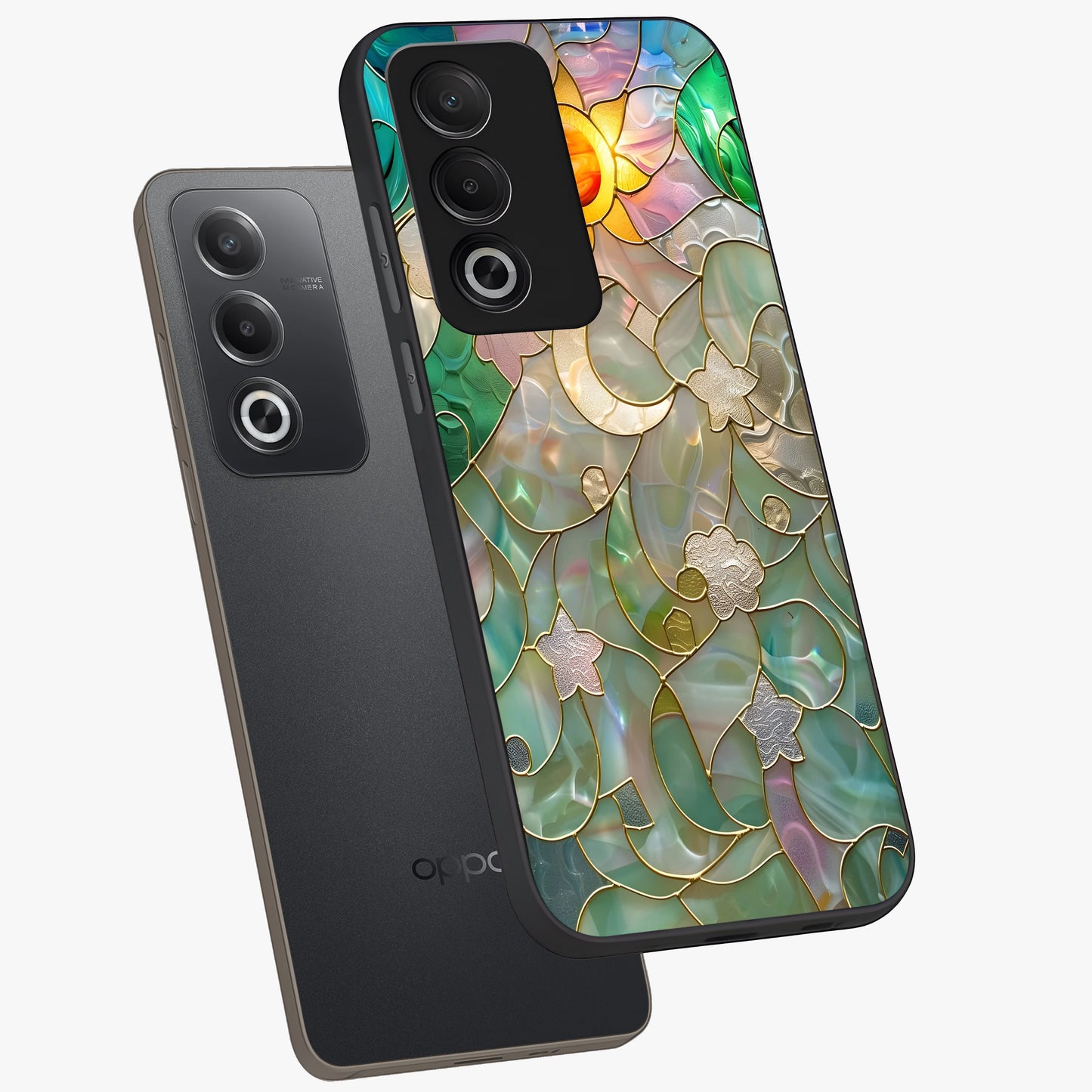 Stained Sunrise Glow Glass Case displayed in angled mockup highlighting radiant sunrise design with artistic aesthetic style.