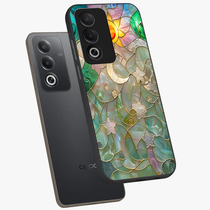 Stained Sunrise Glow Glass Case displayed in angled mockup highlighting radiant sunrise design with artistic aesthetic style.