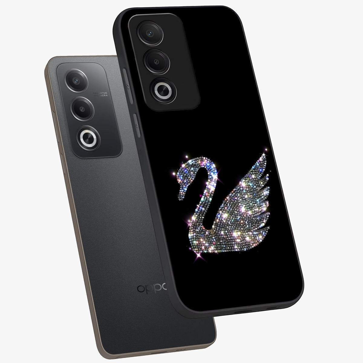 Starlit Swan Grace Glass Case displayed in angled mockup highlighting elegant swan illustration with dreamy celestial aesthetic.