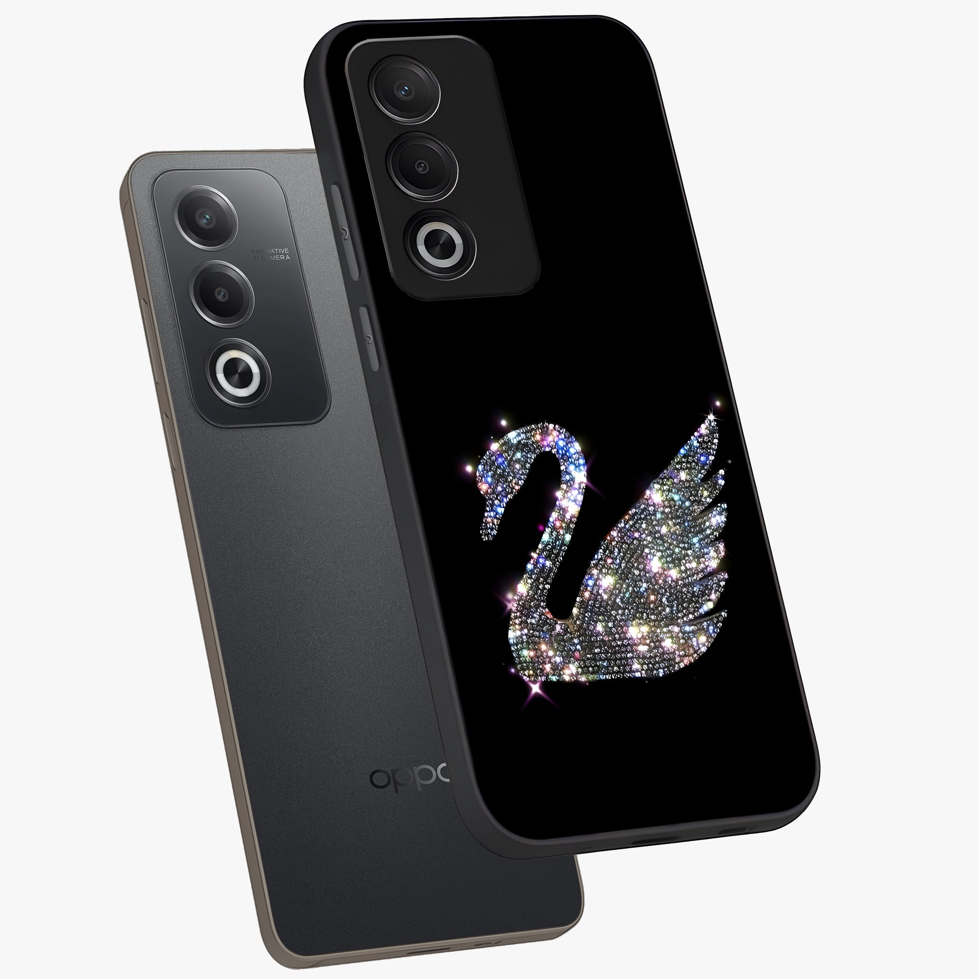 Starlit Swan Grace Glass Case displayed in angled mockup highlighting elegant swan illustration with dreamy celestial aesthetic.