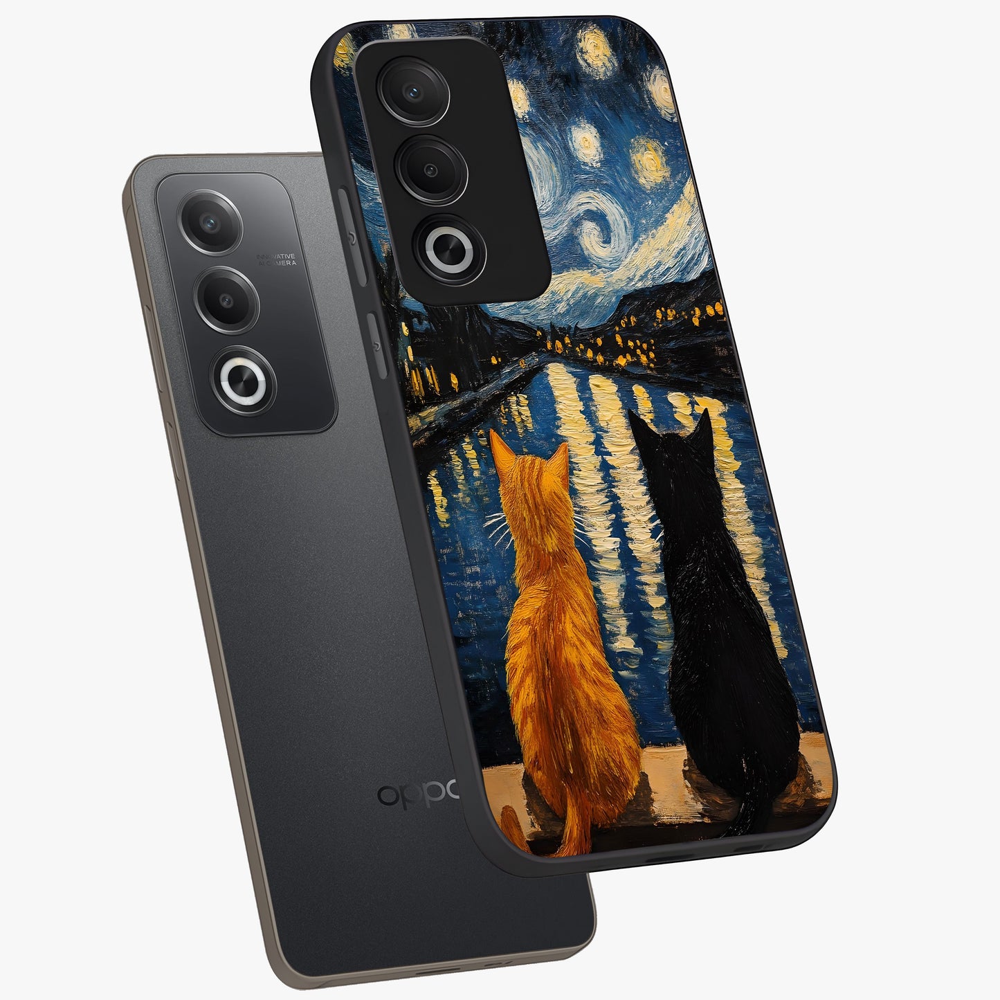 Starry River Cats Glass Case displayed in angled mockup highlighting charming feline illustration with dreamy night aesthetic.
