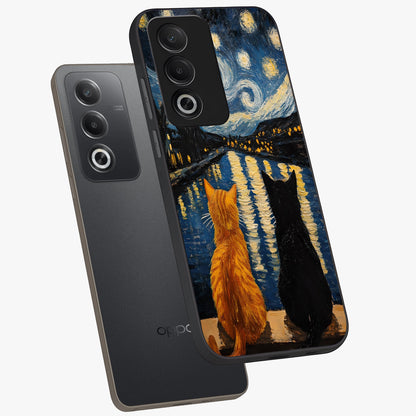 Starry River Cats Glass Case displayed in angled mockup highlighting charming feline illustration with dreamy night aesthetic.