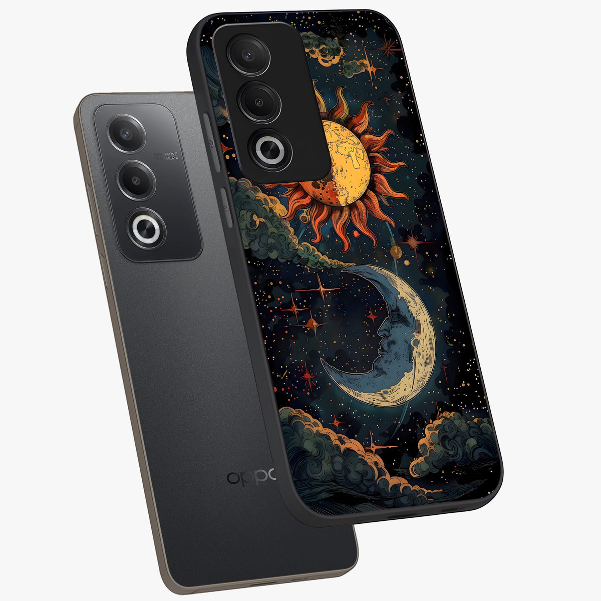 Sun And Moon Magic Design Glass Case displayed in angled mockup highlighting celestial design with magical cosmic aesthetic.
