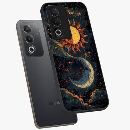 Sun And Moon Magic Design Glass Case displayed in angled mockup highlighting celestial design with magical cosmic aesthetic.