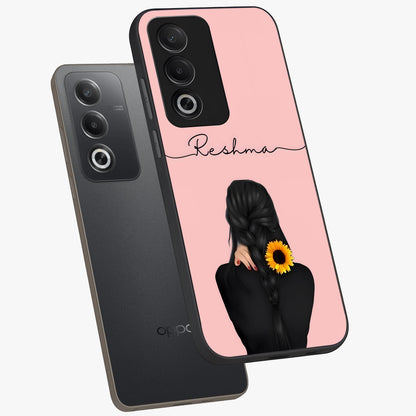 Sunflower Braid Beauty With Custom Name Glass Case displayed in angled mockup highlighting elegant sunflower design with custom name feature.