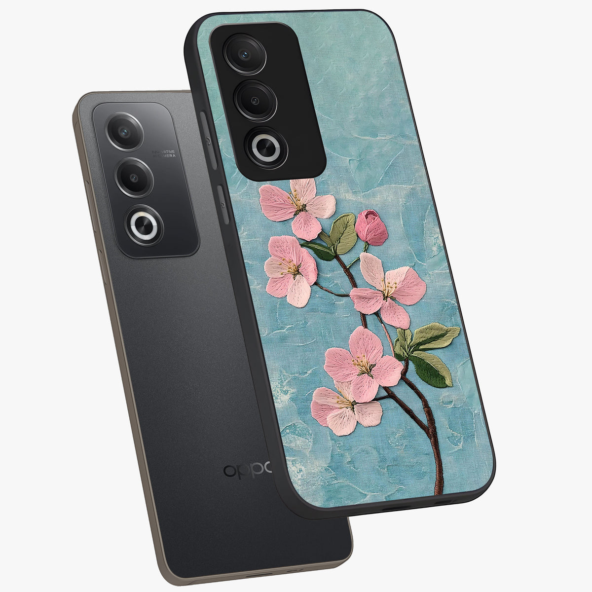 Threaded Blossom Breeze Glass Case displayed in angled mockup highlighting elegant floral design with soft aesthetic style.