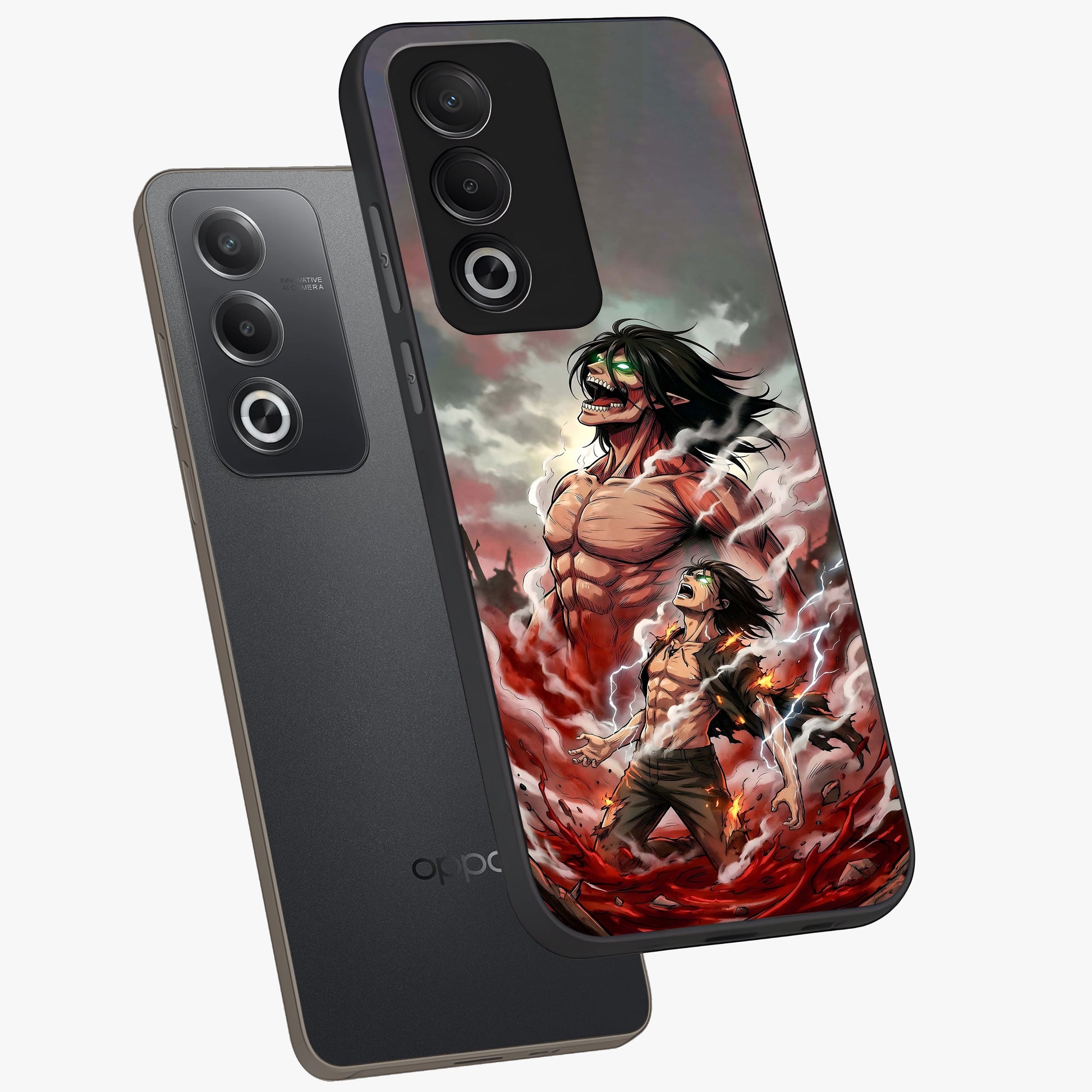 Titan Awakening Fury Glass Case displayed in angled mockup highlighting dramatic giant warrior design with bold anime aesthetic.