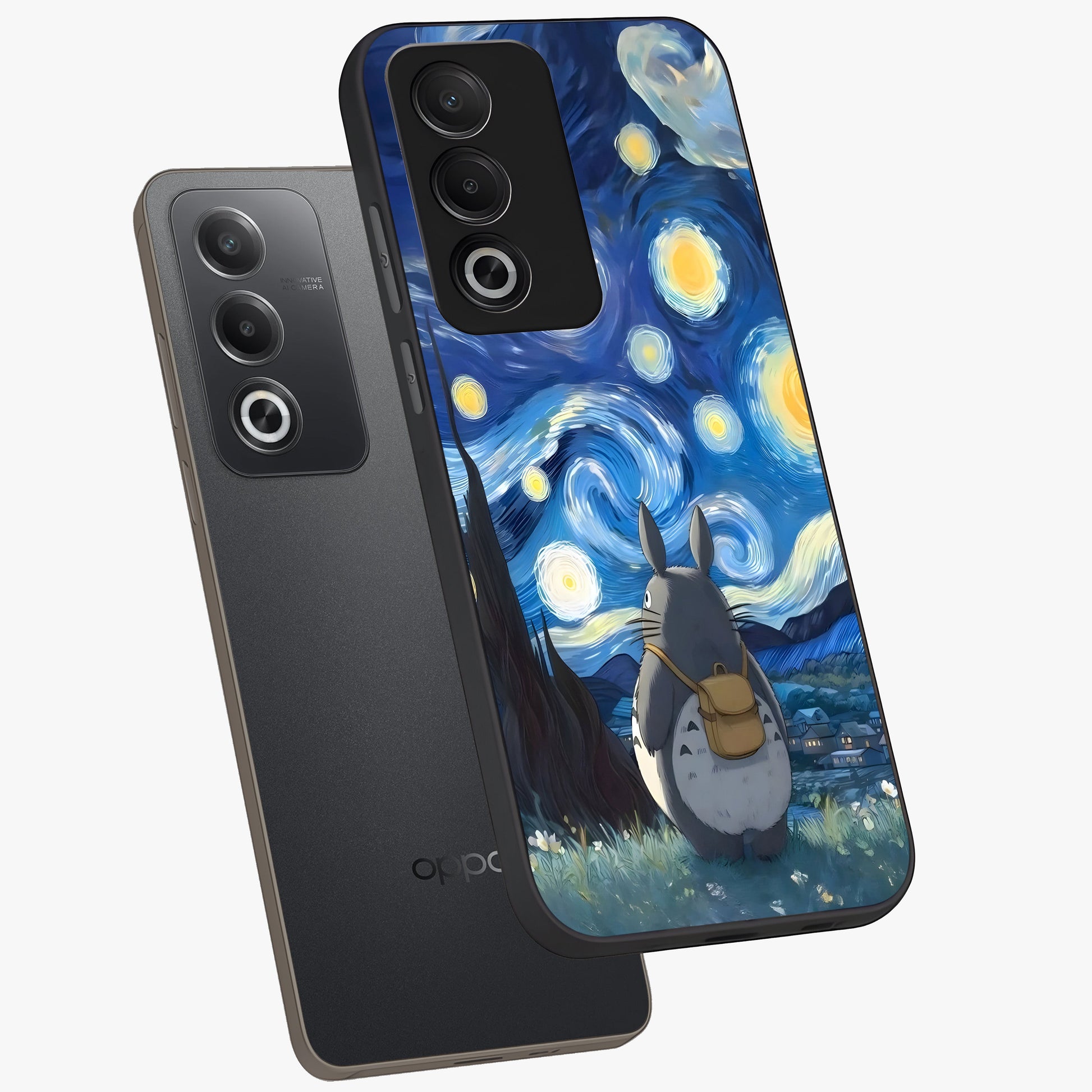 Totoro In Van Gogh Art Glass Case displayed in angled mockup highlighting artistic swirling sky design with playful animation aesthetic.