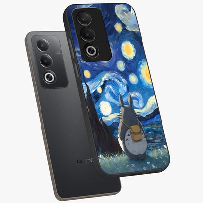 Totoro In Van Gogh Art Glass Case displayed in angled mockup highlighting artistic swirling sky design with playful animation aesthetic.