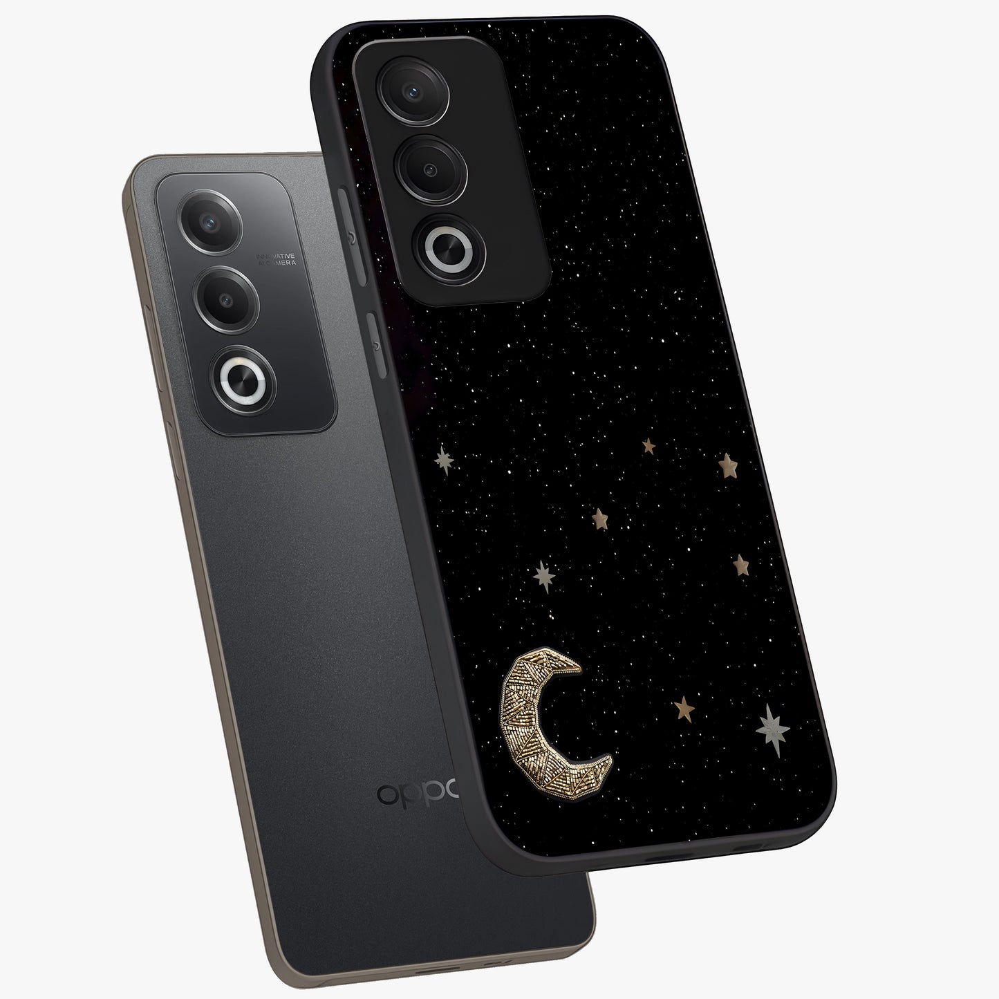Twinkle Star With Half Moon Glass Case displayed in angled mockup highlighting celestial moon and star design with magical aesthetic.