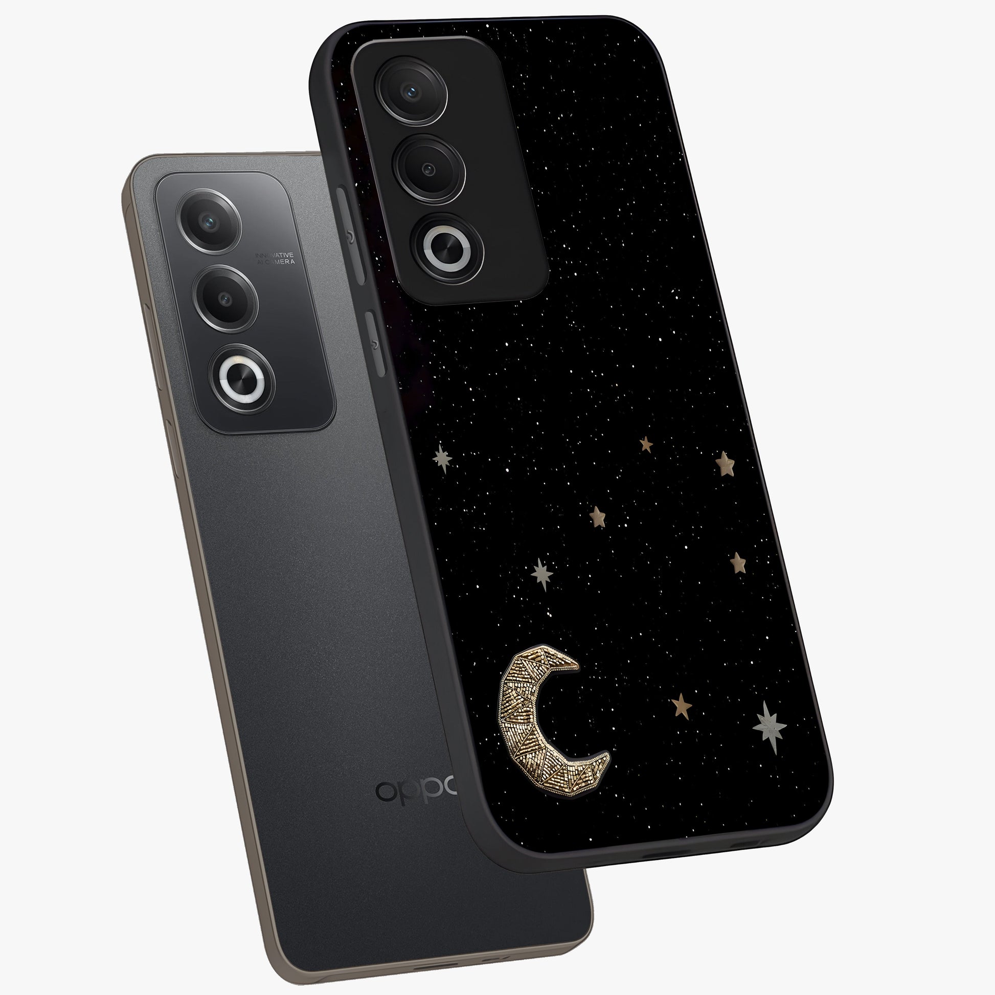Twinkle Star With Half Moon Glass Case displayed in angled mockup highlighting celestial moon and star design with magical aesthetic.
