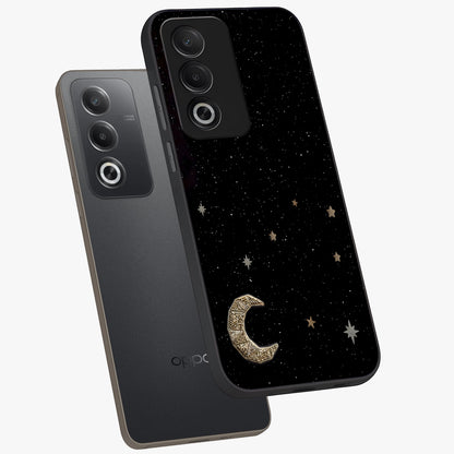 Twinkle Star With Half Moon Glass Case displayed in angled mockup highlighting celestial moon and star design with magical aesthetic.