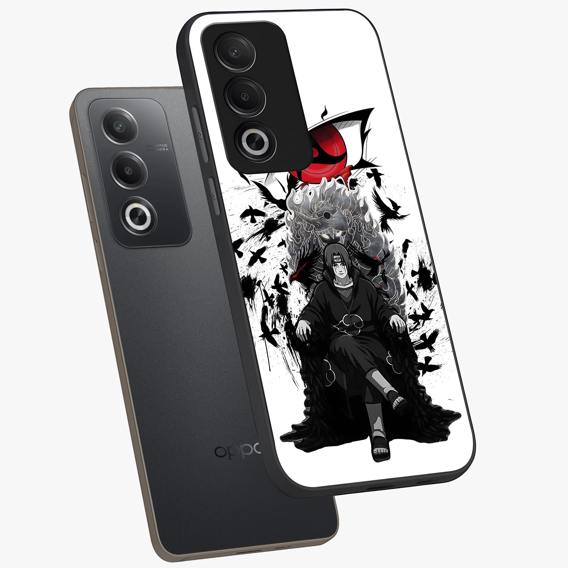 Uchiha Shadow Throne Glass Case displayed in angled mockup highlighting glowing aquatic design with celestial aesthetic.