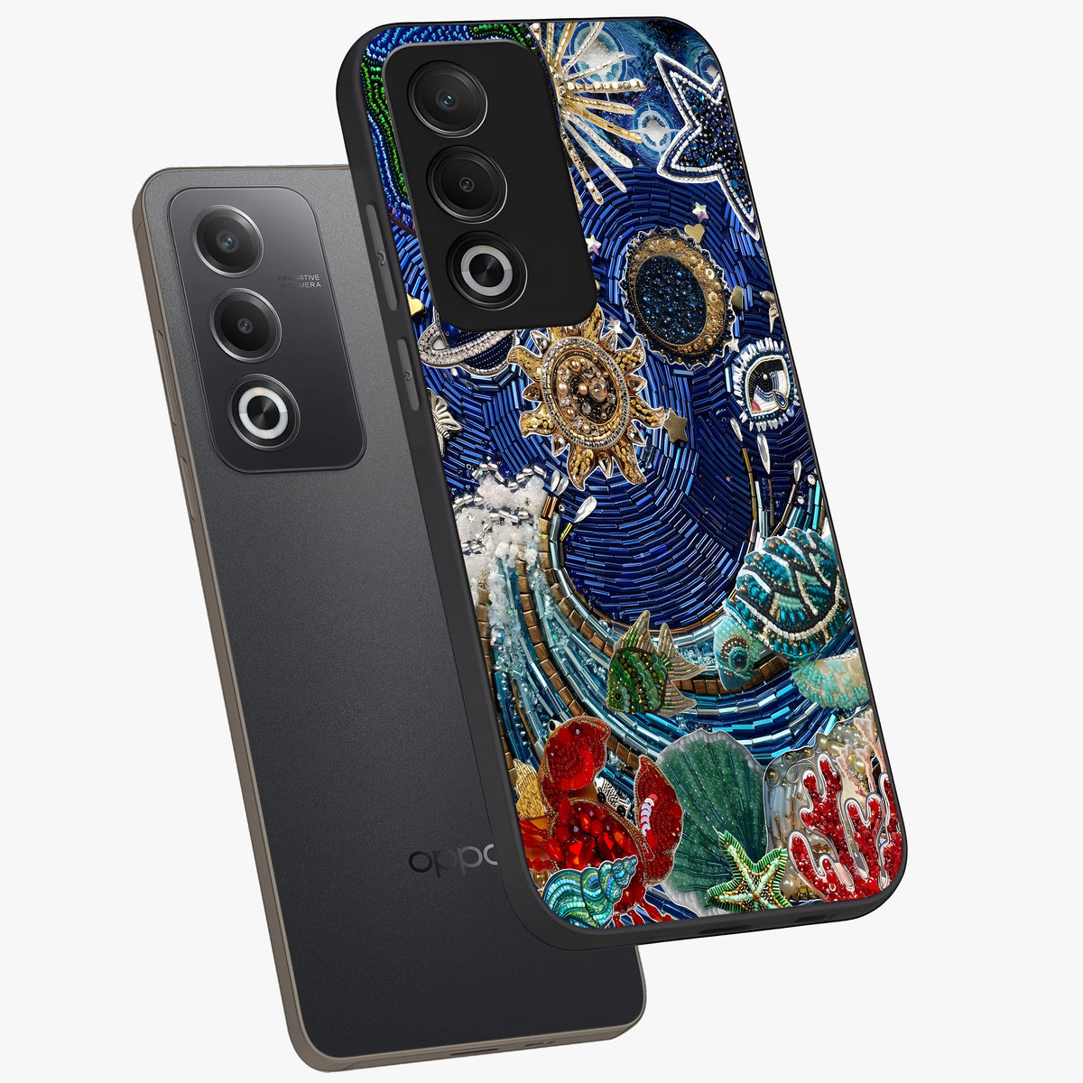 Universe Underwater Spark Glass Case displayed in angled mockup highlighting glowing aquatic design with celestial aesthetic.