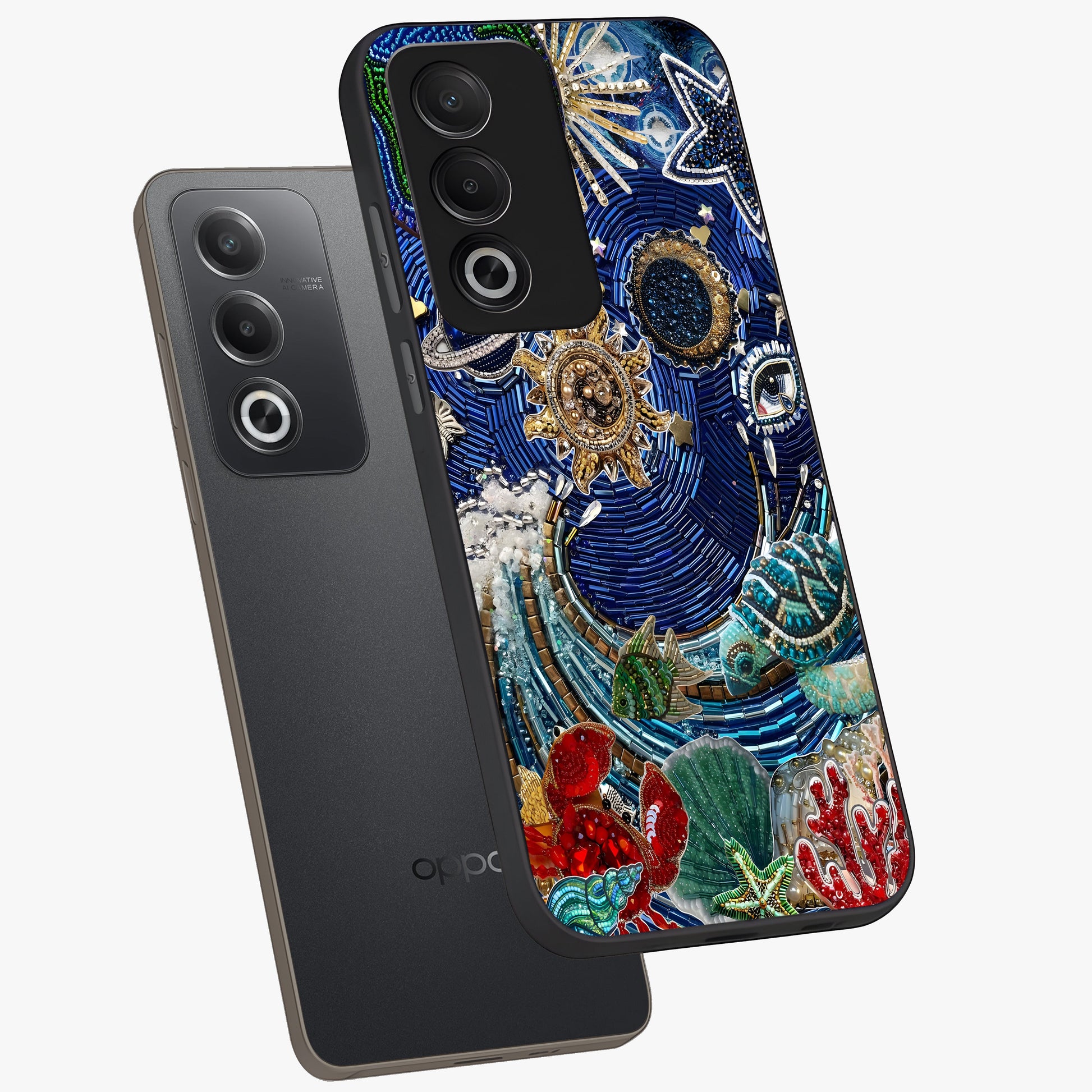 Universe Underwater Spark Glass Case displayed in angled mockup highlighting glowing aquatic design with celestial aesthetic.