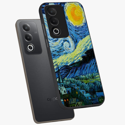 Van Gogh Art Glass Case displayed in angled mockup highlighting swirling brushstroke design with artistic aesthetic.