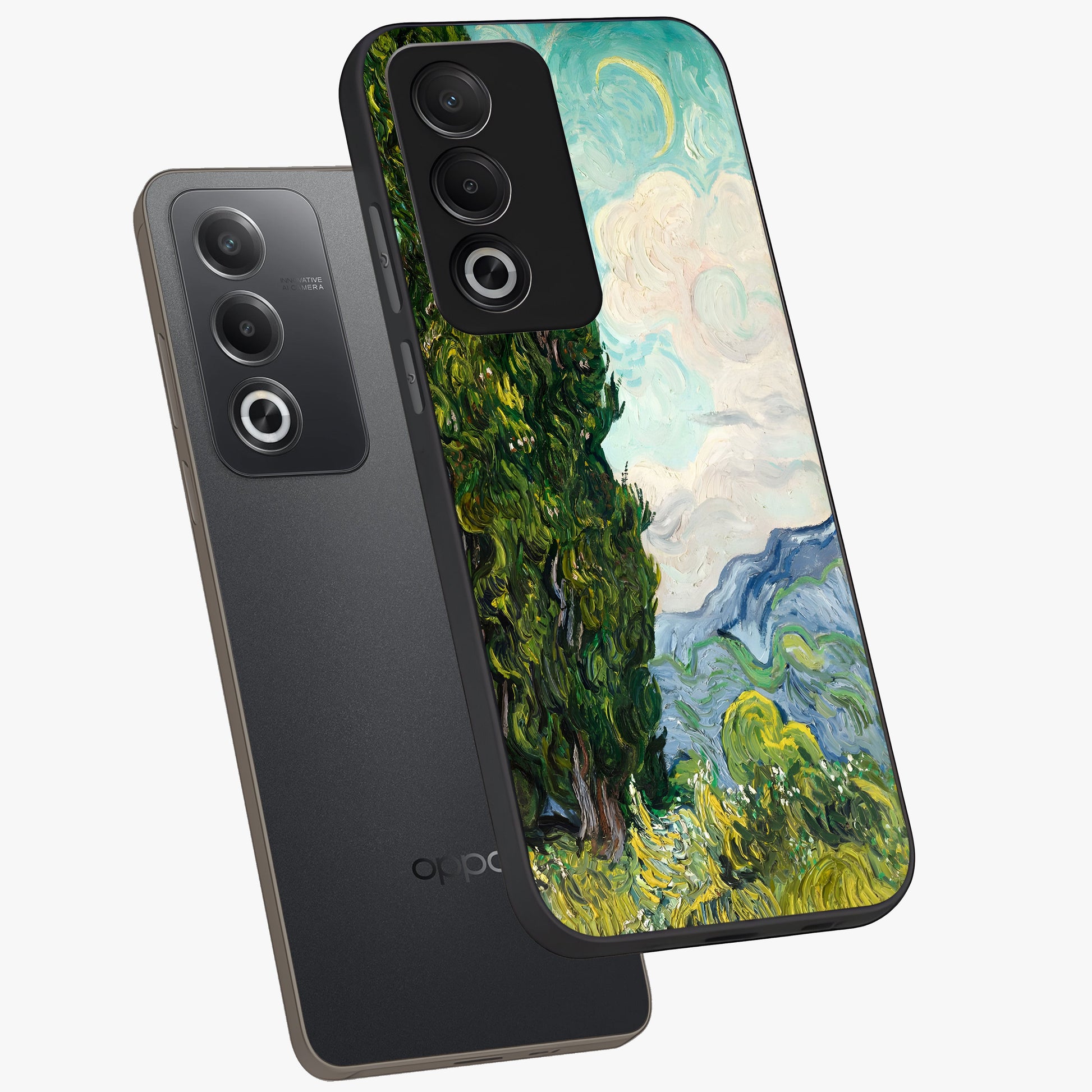 Van Gogh Vintage Art Glass Case displayed in angled mockup highlighting textured brushstroke design with classic aesthetic.