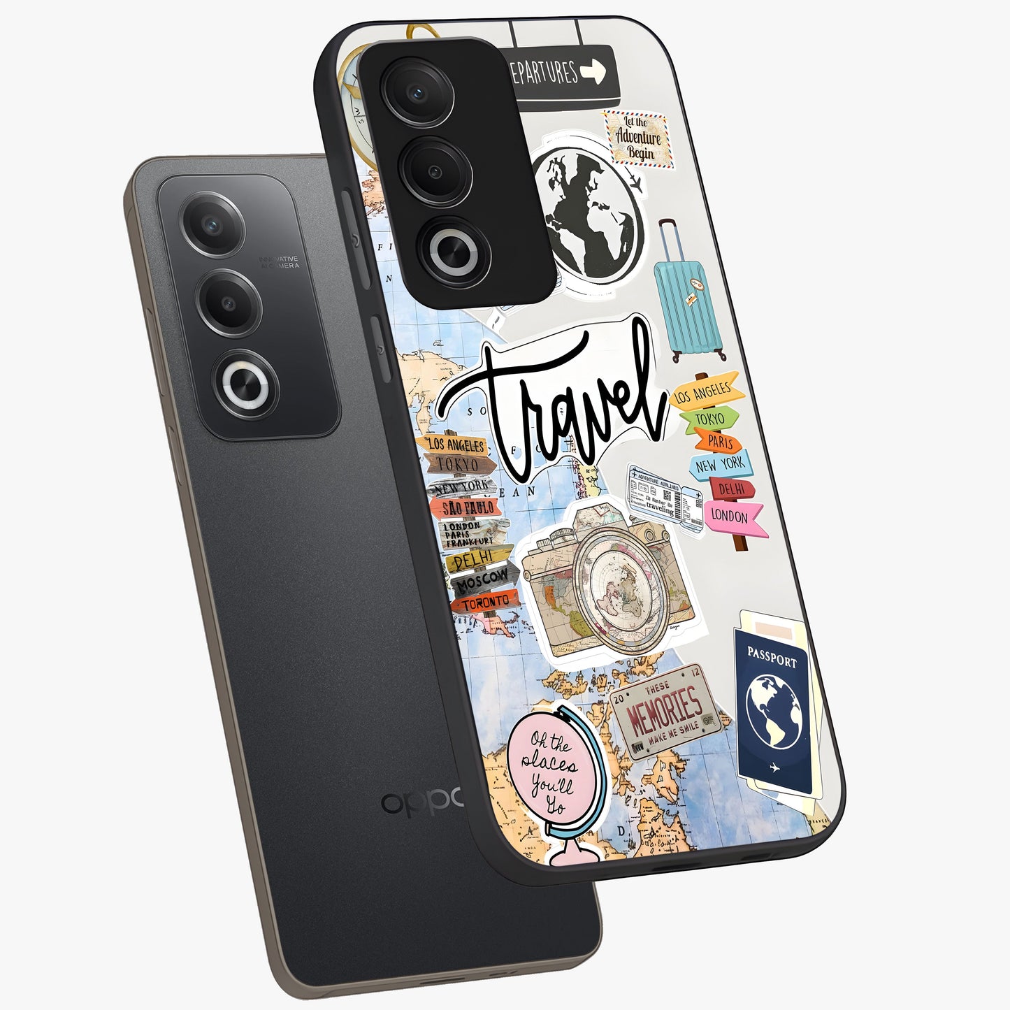 Wanderlust Journal Glass Case displayed in angled mockup highlighting adventure themed design with aesthetic travel vibe.