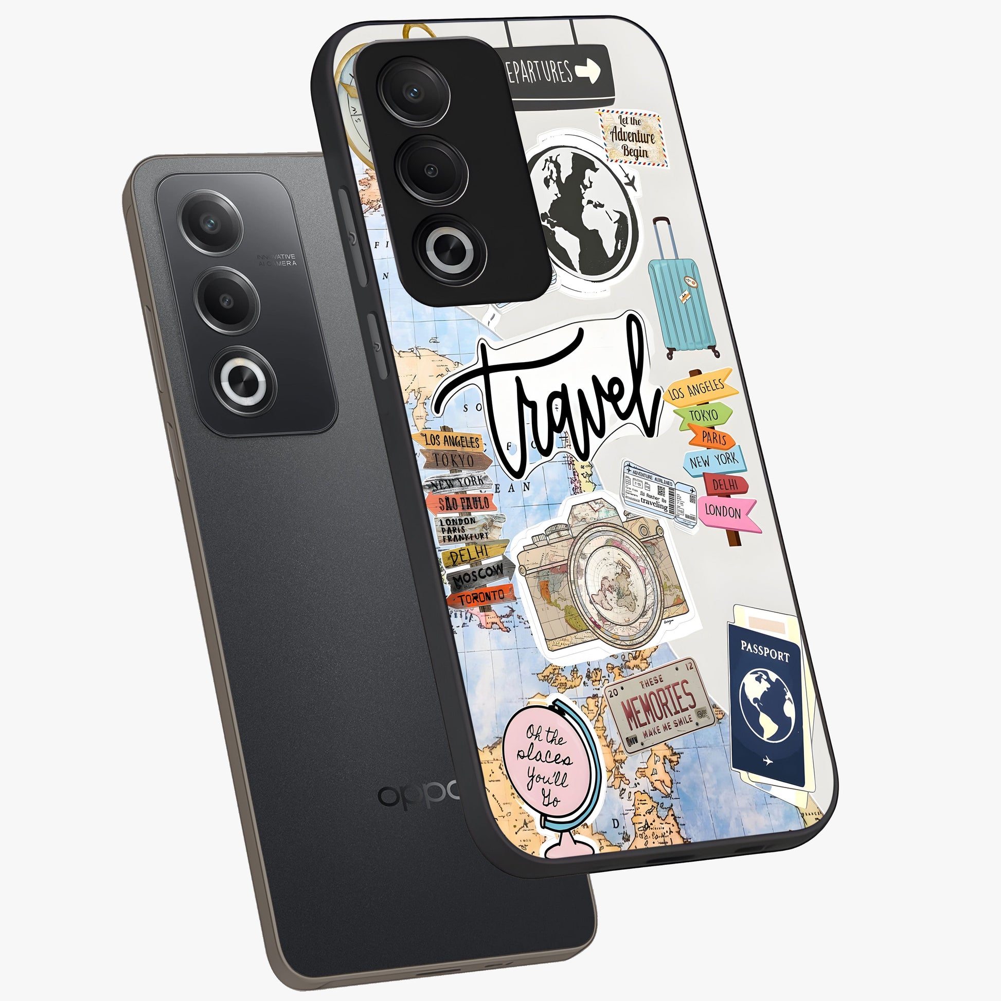 Wanderlust Journal Glass Case displayed in angled mockup highlighting adventure themed design with aesthetic travel vibe.