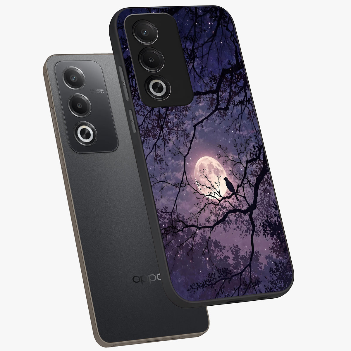 Whispering Moon Silence Glass Case displayed in angled mockup highlighting calm lunar design with dreamy night aesthetic.