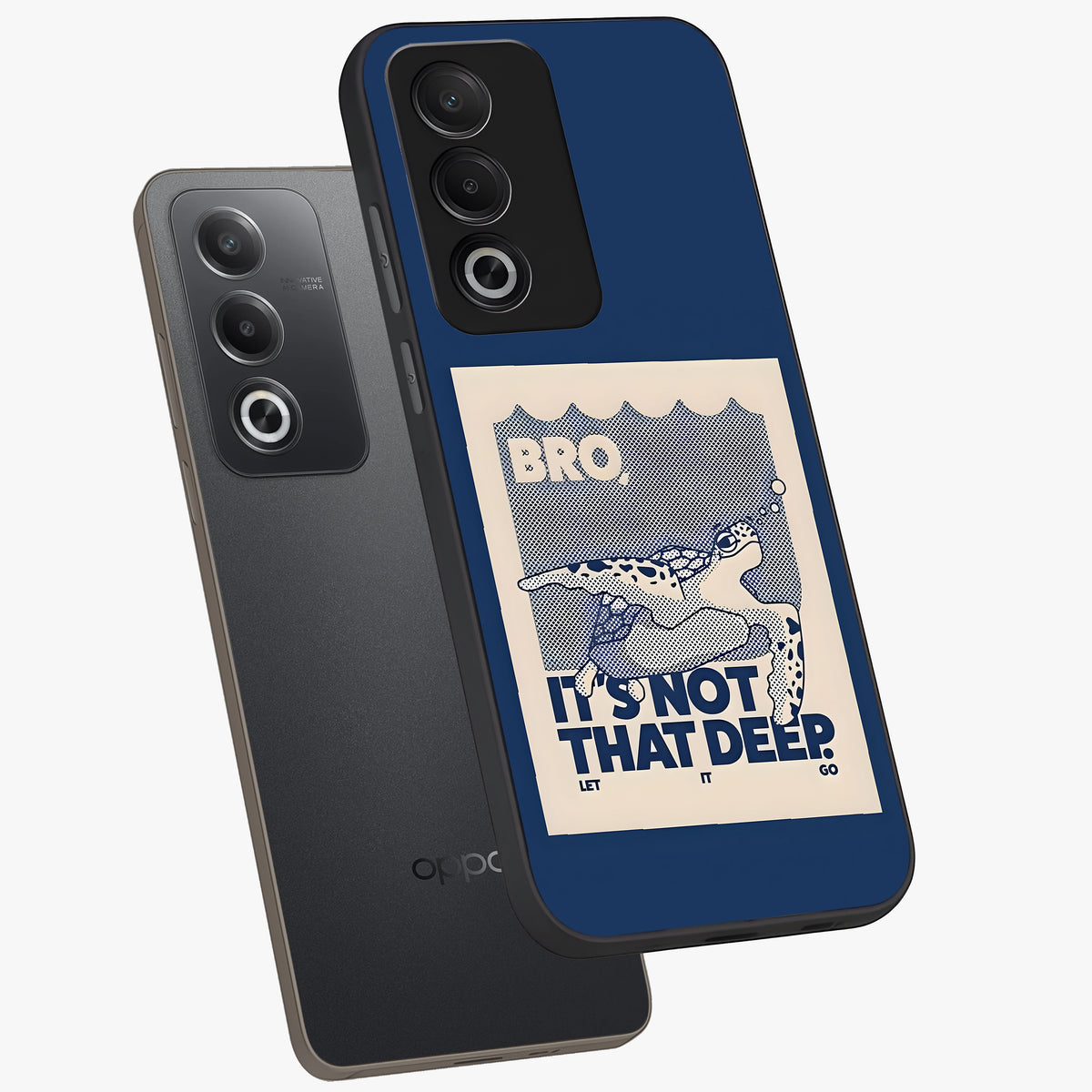 Worry Less Swim Glass Case displayed in angled mockup highlighting fun typography design with relaxed aesthetic style.
