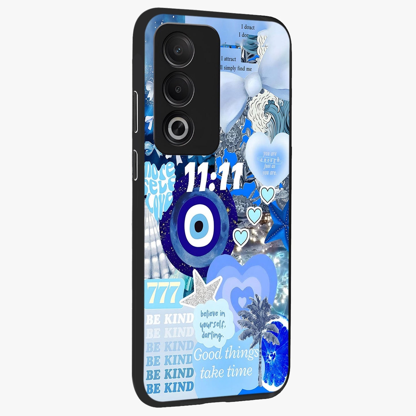 Aesthetic Be Kind Eye Glass Case upright view showcasing stylish eye illustration with positive message theme.