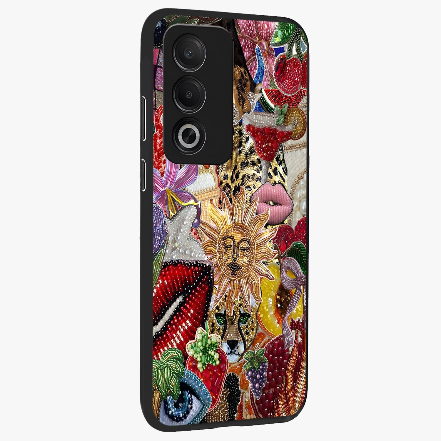 Beaded Fashion Jungle Glass Case upright view showcasing tropical jungle aesthetic with decorative bead elements.