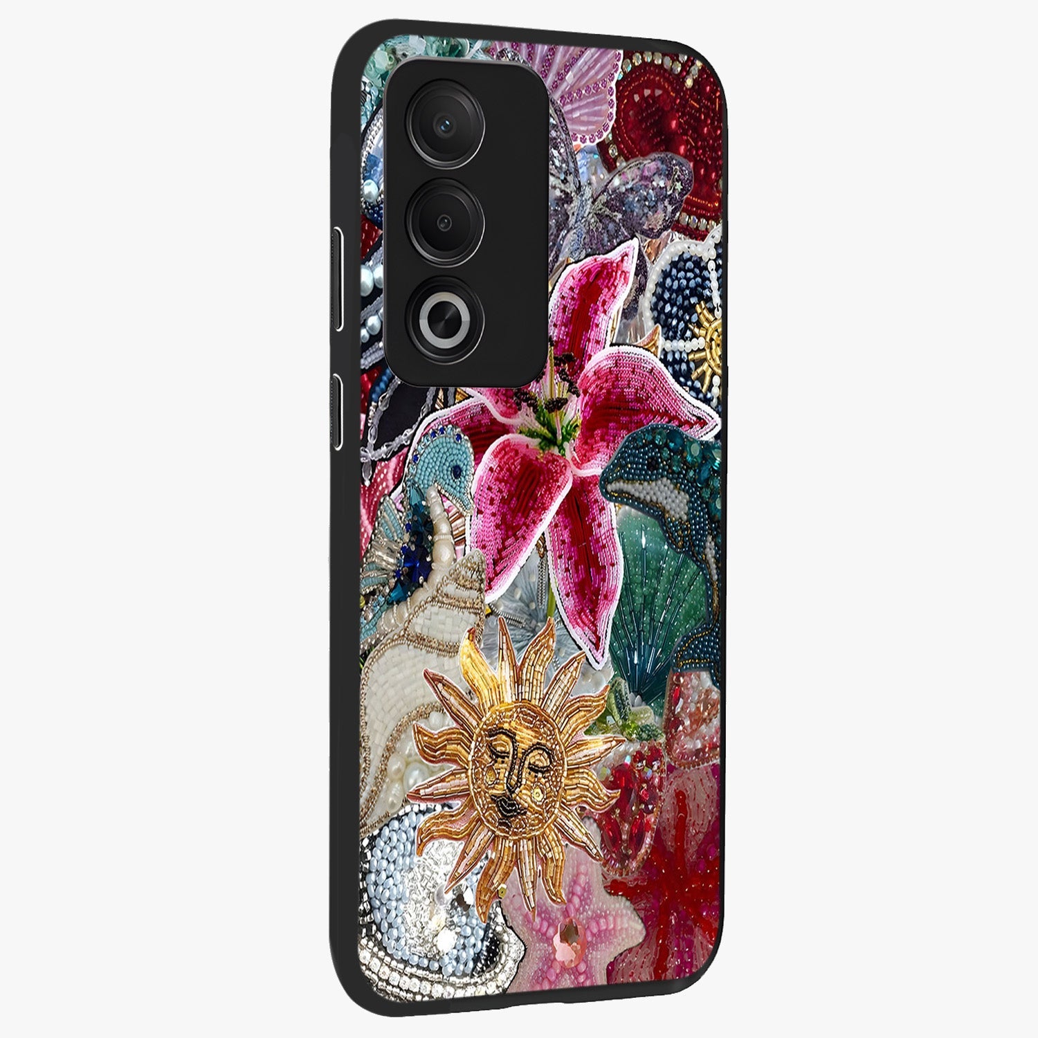 Beaded Garden Fantasy Glass Case upright view showcasing whimsical garden aesthetic with artistic bead details.